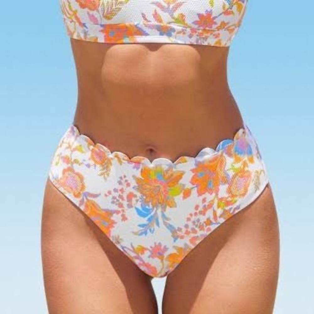 Cupshe Womens High Waisted‎ Bikini Bottoms Floral Scalloped White Orange Medium
